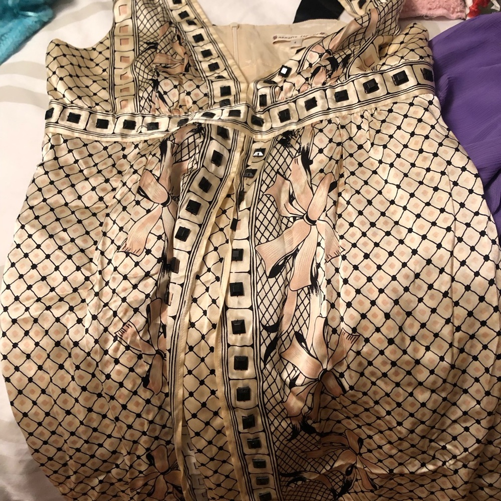 Nina Leonard Beige and Black Floral Lattice Mini Dress